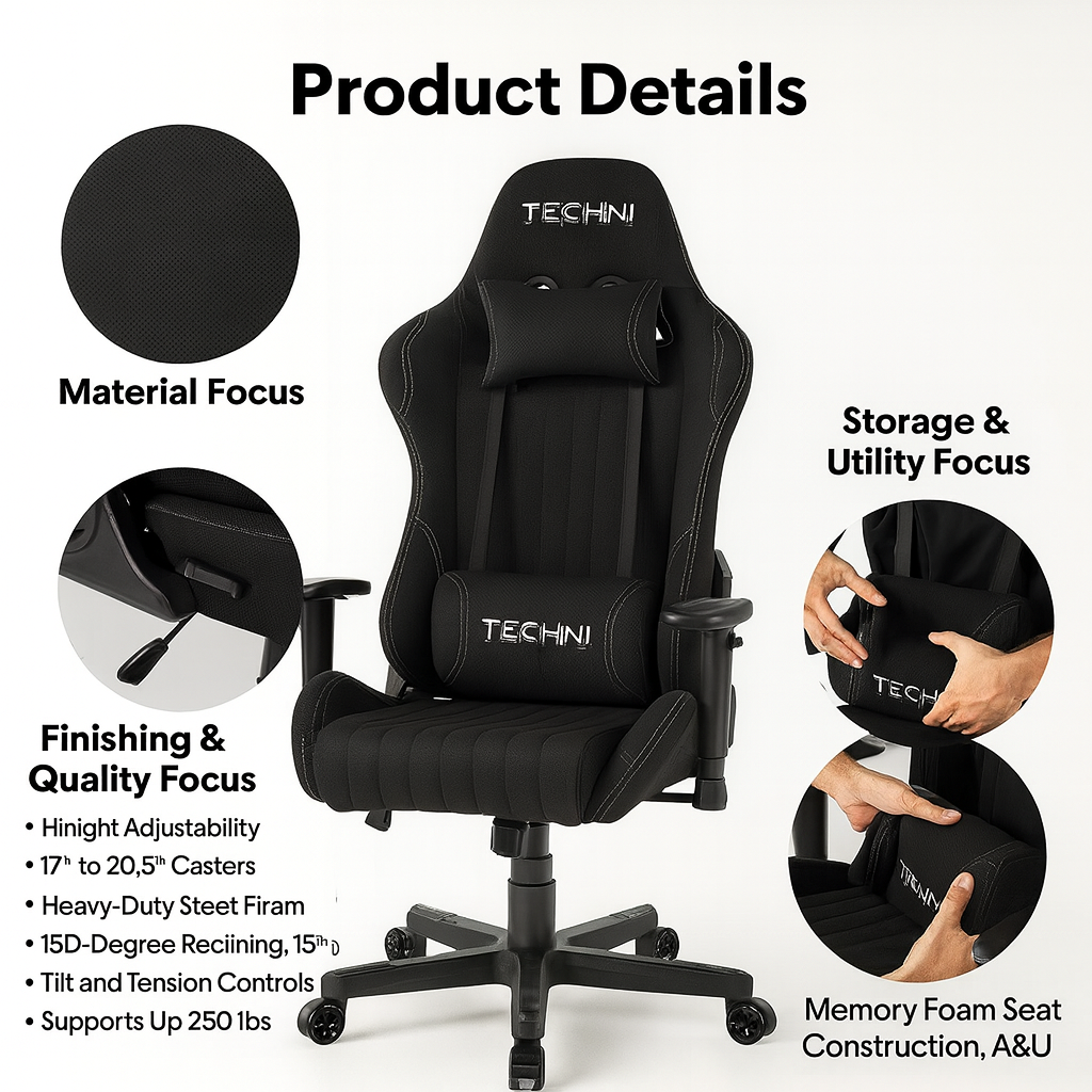Techni Sport TS-F44 Black Fabric Racing Gaming Chair – Ergonomic High Back with Memory Foam | Racer Style PC Gaming Furniture | Trufairs