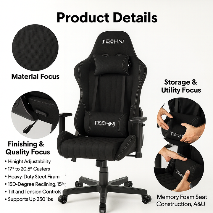 Techni Sport TS-F44 Black Fabric Racing Gaming Chair – Ergonomic High Back with Memory Foam | Racer Style PC Gaming Furniture | Trufairs