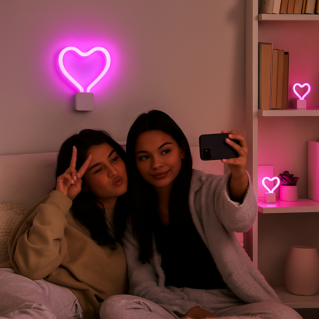 Meridian LED Pink Neon Heart Night Light – 3 Modes, 4.75in x 3.25in | Portable Wall & Desk Accent | Trufairs