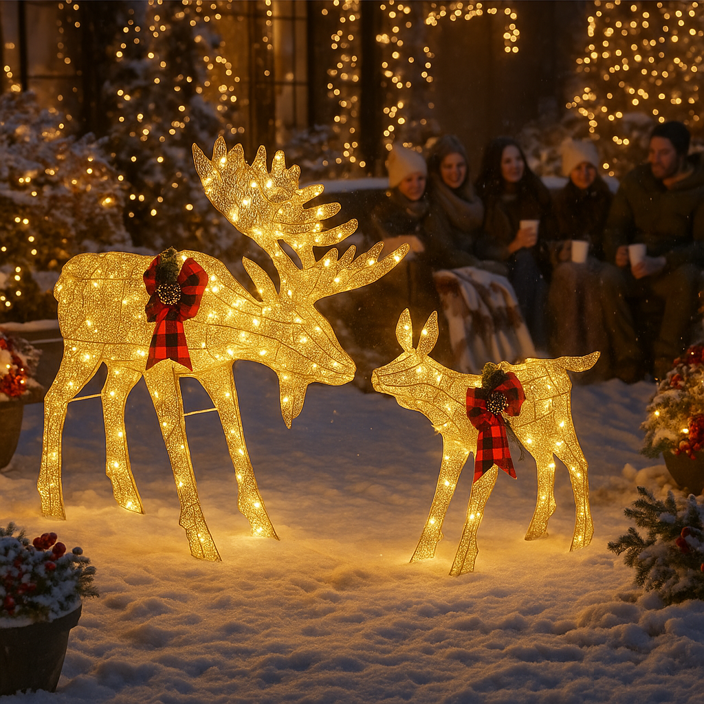 Golden LED Moose Family Garden Decoration (2pcs, 4ft) – 200 LED Leather String Light Outdoor Holiday Accent | Trufairs