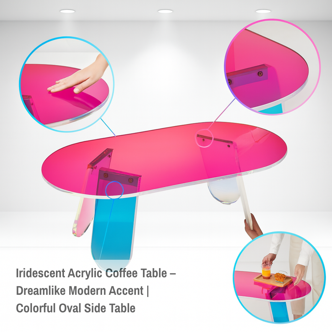 Iridescent Acrylic Coffee Table – Dreamlike Modern Accent | Colorful Oval Side Table | Trufairs