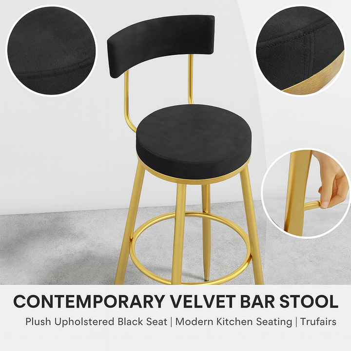 Contemporary Velvet Bar Stool – Plush Upholstered Black Seat | Modern Kitchen Seating | Trufairs