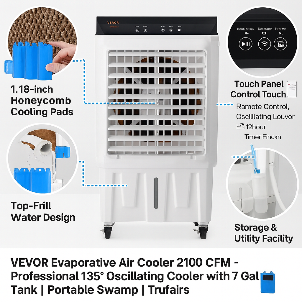 VEVOR Evaporative Air Cooler 2100 CFM – Professional 135° Oscillating Cooler with 7 Gal Tank | Portable Swamp Cooler | Trufairs