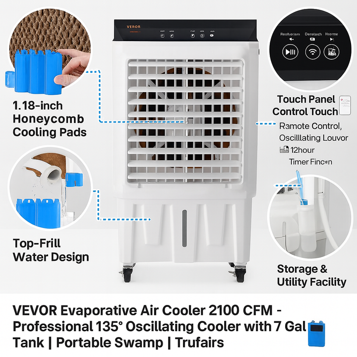 VEVOR Evaporative Air Cooler 2100 CFM – Professional 135° Oscillating Cooler with 7 Gal Tank | Portable Swamp Cooler | Trufairs