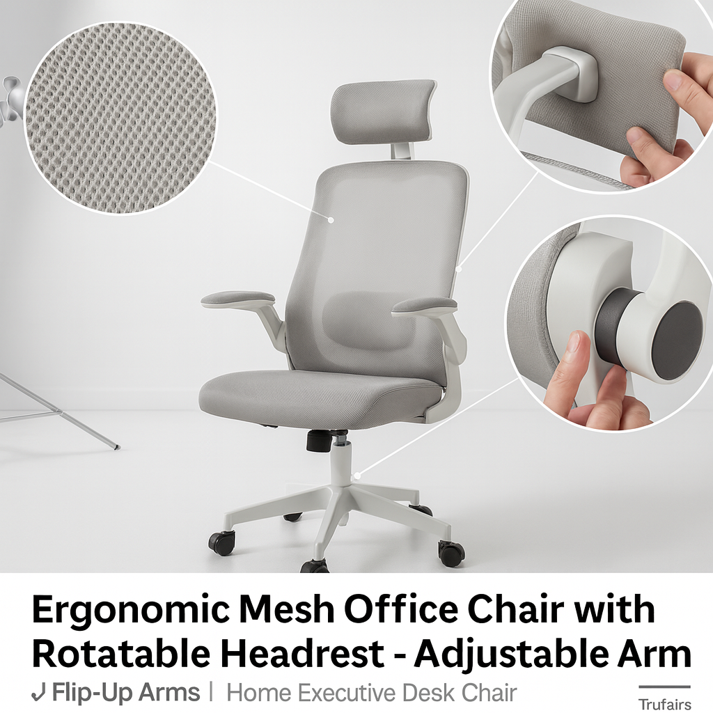 Ergonomic Mesh Office Chair with Rotatable Headrest – Adjustable Lumbar & Flip-Up Arms | Home Executive Desk Chair | Trufairs