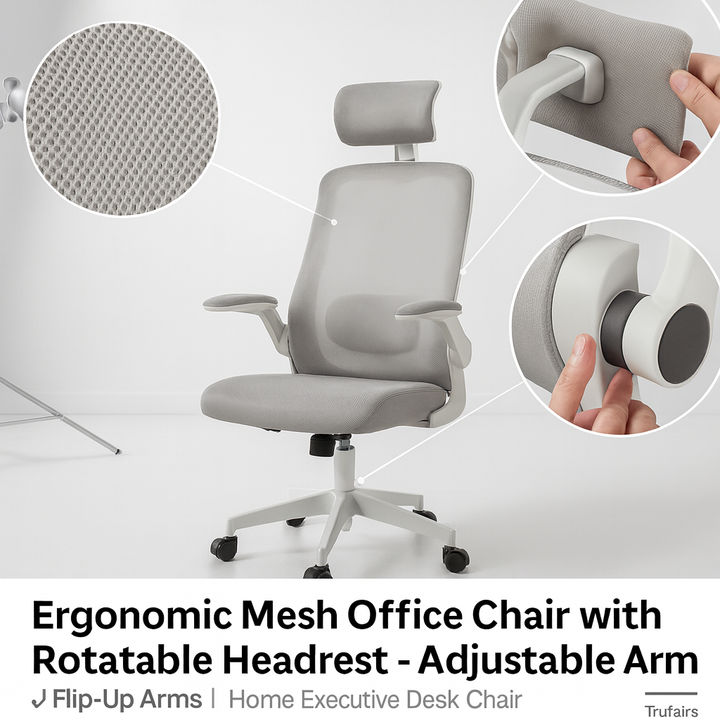 Ergonomic Mesh Office Chair with Rotatable Headrest – Adjustable Lumbar & Flip-Up Arms | Home Executive Desk Chair | Trufairs
