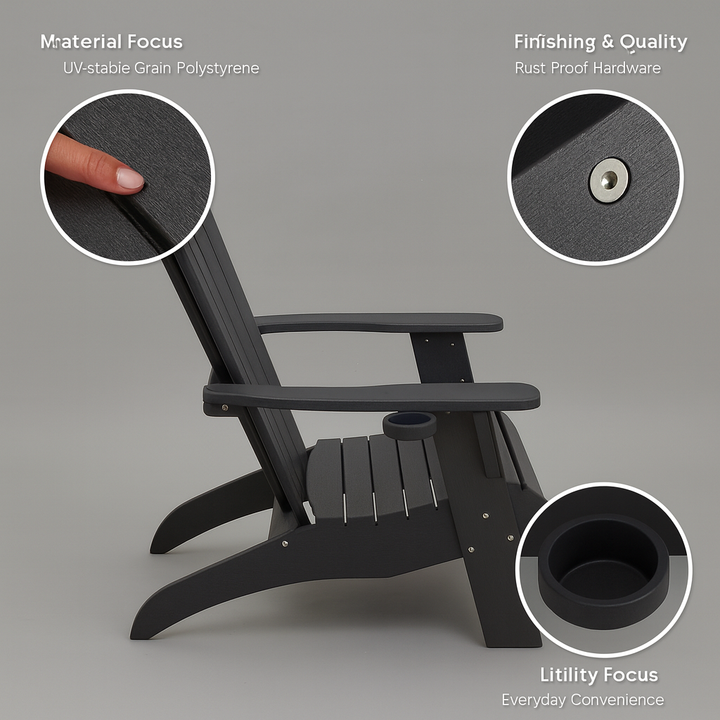 Summit-Black Adirondack – Polystyrene Lounge w/ Dual Holders | Outdoor Chair | Trufairs
