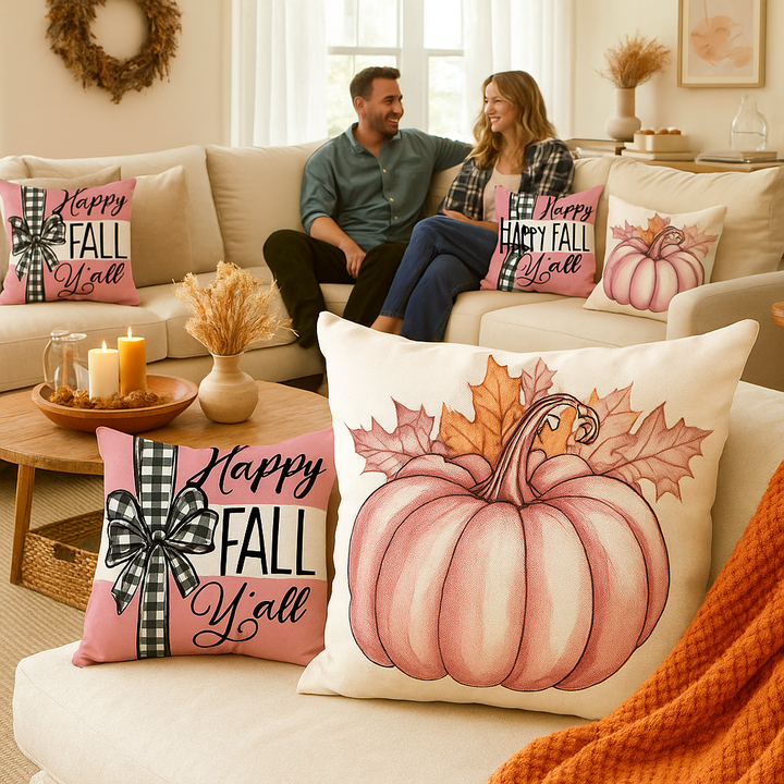 Farmhouse Pink Pumpkin Maple Leaf 18x18in Pillow Cover Set – Autumn Harvest Decor | Cushion Case | Trufairs