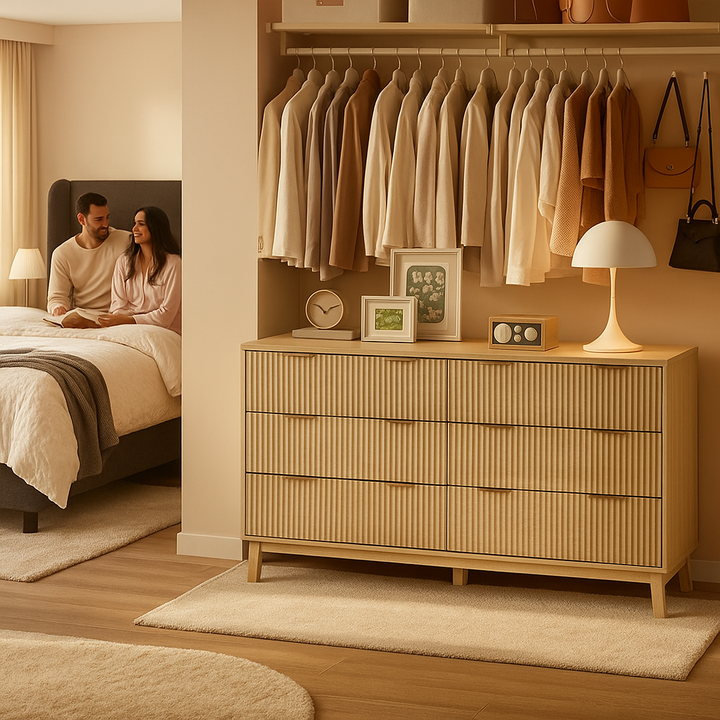 Natural Wood 6-Drawer Double Dresser – Fluted Front with Gold Pulls | Bedroom Storage Chest | Trufairs
