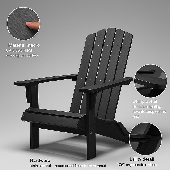 Summit-Black Adirondack – Folding HIPS Chair w/ Cup- & Phone-Holders | 300 lb Capacity | Trufairs