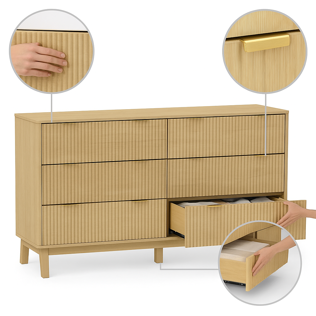 Natural Wood 6-Drawer Double Dresser – Fluted Front with Gold Pulls | Bedroom Storage Chest | Trufairs