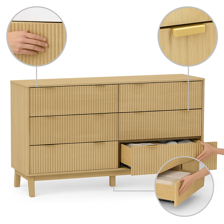 Natural Wood 6-Drawer Double Dresser – Fluted Front with Gold Pulls | Bedroom Storage Chest | Trufairs