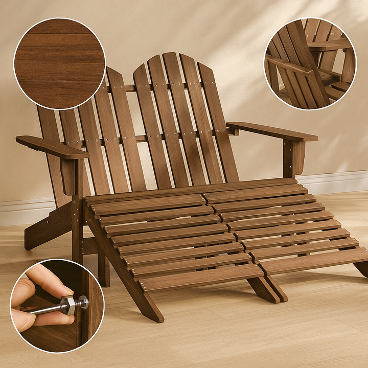 2-Seater Patio Adirondack Chair & Ottoman – Solid Fir Wood, Brown | Classic Outdoor Double Lounger Set | Trufairs
