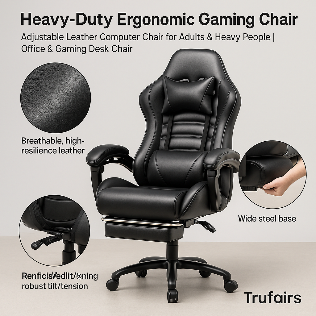 Heavy-Duty Ergonomic Gaming Chair – Adjustable Leather Computer Chair for Adults & Heavy People | Office & Gaming Desk Chair | Trufairs