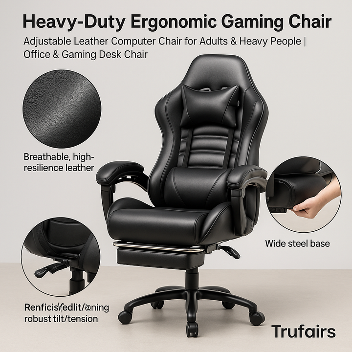 Heavy-Duty Ergonomic Gaming Chair – Adjustable Leather Computer Chair for Adults & Heavy People | Office & Gaming Desk Chair | Trufairs