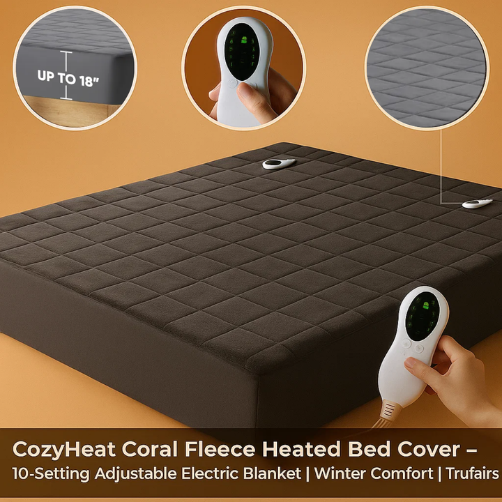 Multi Size CozyHeat Coral Fleece Heated Bed Cover – 10-Setting Adjustable Electric Blanket | Winter Comfort | Trufairs
