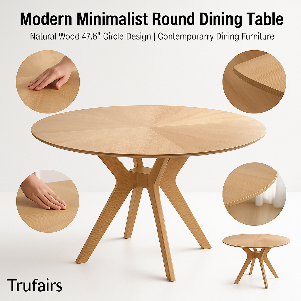 Modern Minimalist Round Dining Table – Natural Wood 47.6" Circle Design | Contemporary Dining Furniture | Trufairs