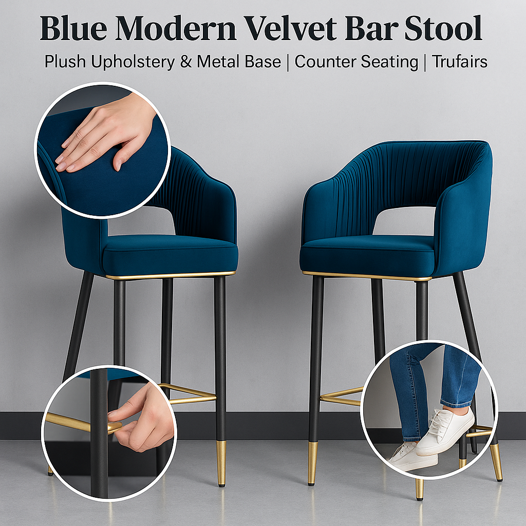 Blue Modern Velvet Bar Stool – Plush Upholstery & Metal Base | Counter Seating | Trufairs