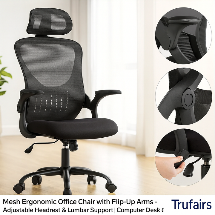 Mesh Ergonomic Office Chair with Flip-Up Arms – Adjustable Headrest & Lumbar Support | Home/Executive Computer Desk Chair | Trufairs