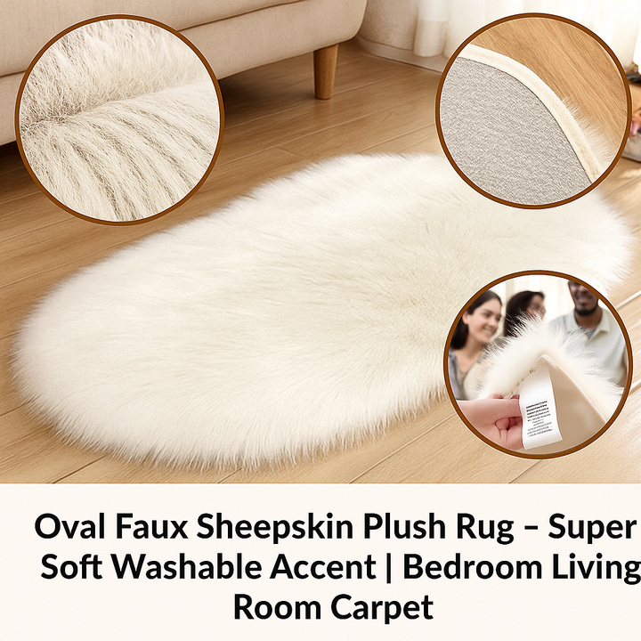 Oval Faux Sheepskin Plush Rug – Super Soft Washable Accent | Bedroom Living Room Carpet | Trufairs