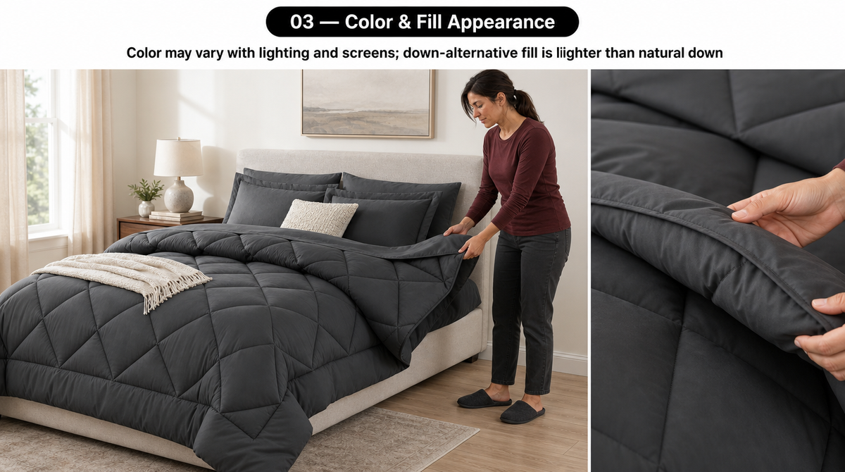 Woman lifts the dark gray comforter’s edge; a close-up shows its stitched border and lightly padded down-alternative profile.