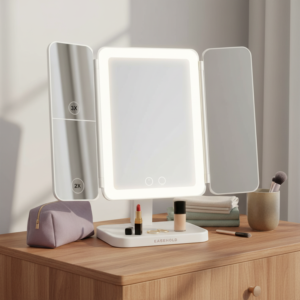 Tri-Fold Lighted Makeup Mirror with 1X/2X/3X Magnification & 64 LED Lights – Rechargeable Vanity Mirror for Dressing Table | Trufairs