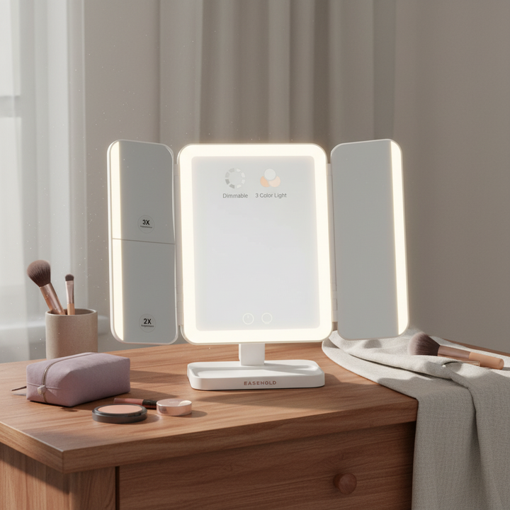 Tri-Fold Lighted Makeup Mirror with 5000mAh Rechargeable Battery & 1X/2X/3X Magnification | Trufairs