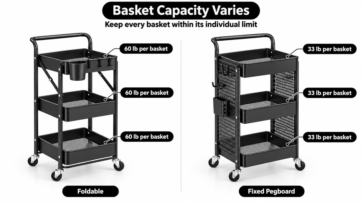3-Tier Metal Rolling Cart – Foldable or Fixed Pegboard Style -  limitations image 2