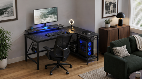 “Black marble-look L-shaped desk in a living room corner beside a green sofa, with blue lighting under the monitor shelf.”
