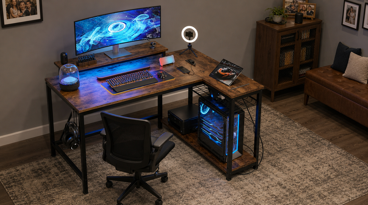 “Rustic brown L-shaped desk with a wide monitor, tablet on the side return, and open floor space around the chair.”
