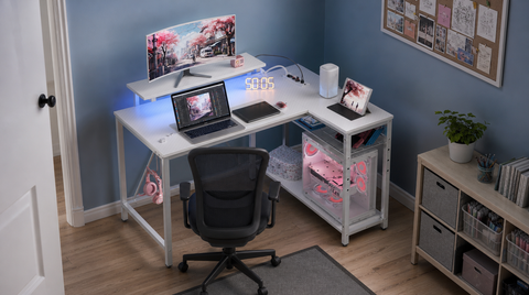 “White L-shaped desk in a blue-walled corner, with a laptop below the raised monitor and a tablet on the side return.”