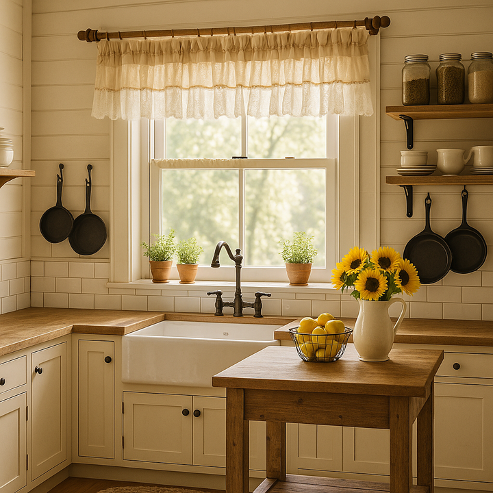 Rustic Brown & White Floral Lace Door Curtain 