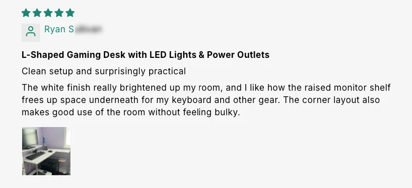 L-Shaped Gaming Desk with LED Lights & Power Outlets customer review screenshot 3