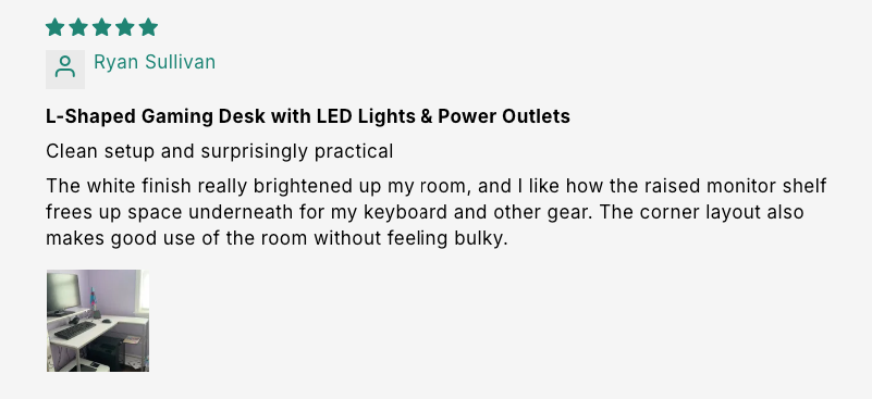L-Shaped Gaming Desk with LED Lights & Power Outlets customer review screenshot 3