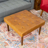 Mark Mid-Century Tufted Square Genuine Leather Upholstered Ottoman In Tan