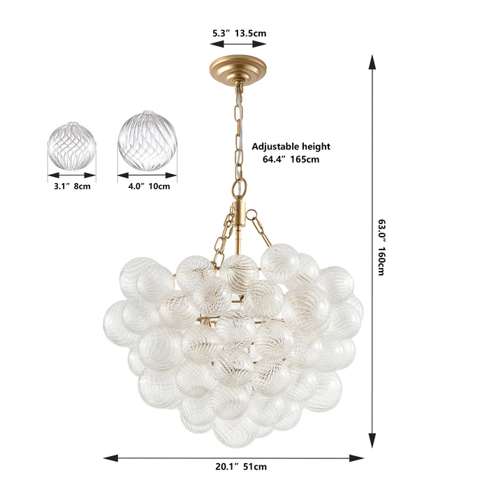 20-Inch Gold Pendant Light Chandelier with Threaded Clear Glass Globe Shade  Adjustable Height (No Bulbs)