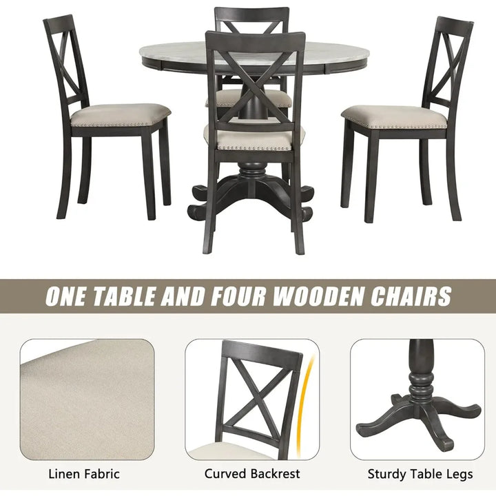 5 Pieces Dining Table and Chairs Set for 4 Persons, Farmhouse Rustic Modern Kitchen Room Solid Wood Pedestal Table with 4 Cross