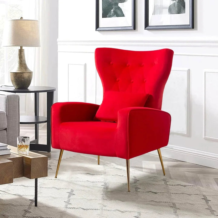 Velvet Accent Arm Chair, Mid-Century Modern Living Room Chair, Wingback Bedroom Side Chair with Gold Legs & Pillow, Button-Tufte