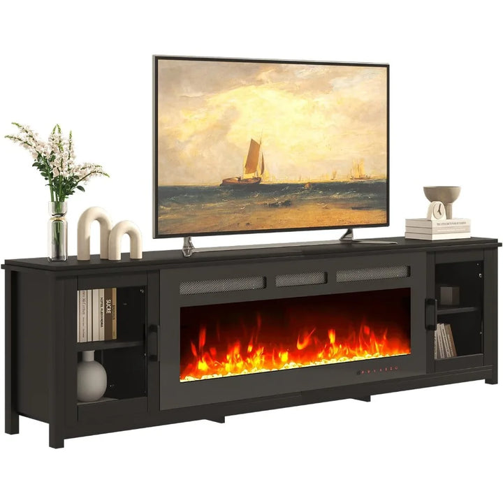 80" Fireplace TV Stand, 50 Inch Electric Fireplace & Modern Entertainment Center, TV Console with Adjustable Shelf & Glass Door