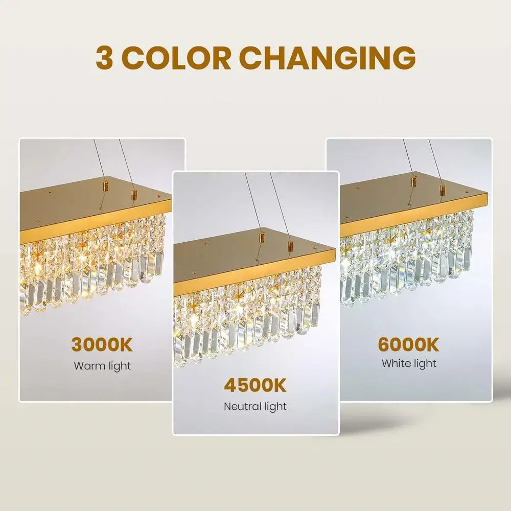Modern Rectangular Crystal Chandelier Gold Pendant Light Fixture Dining Kitchen Island E12 Bulb 8-Light Adjustable Chain