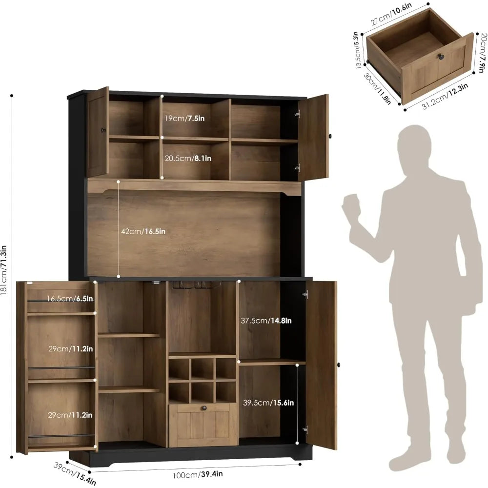 71" pantry cabinet with led light and charging station, kitchen pantry cabinet with microwave stand, kitchen hutch food storage