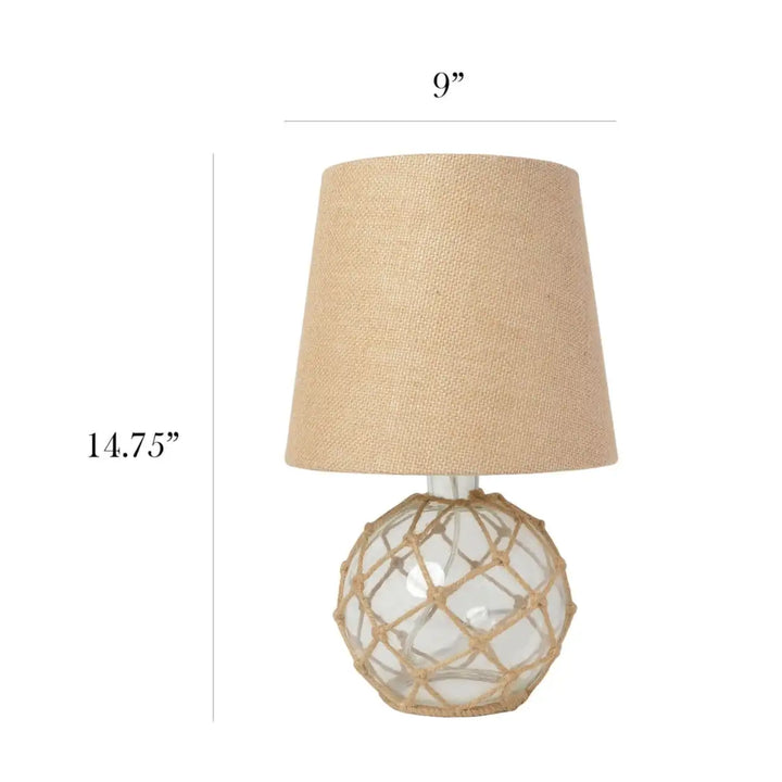 Buoy Rope Nautical Mesh Coastal Ocean Glass Table Lamp, woven from natural rope with a burlap shade
