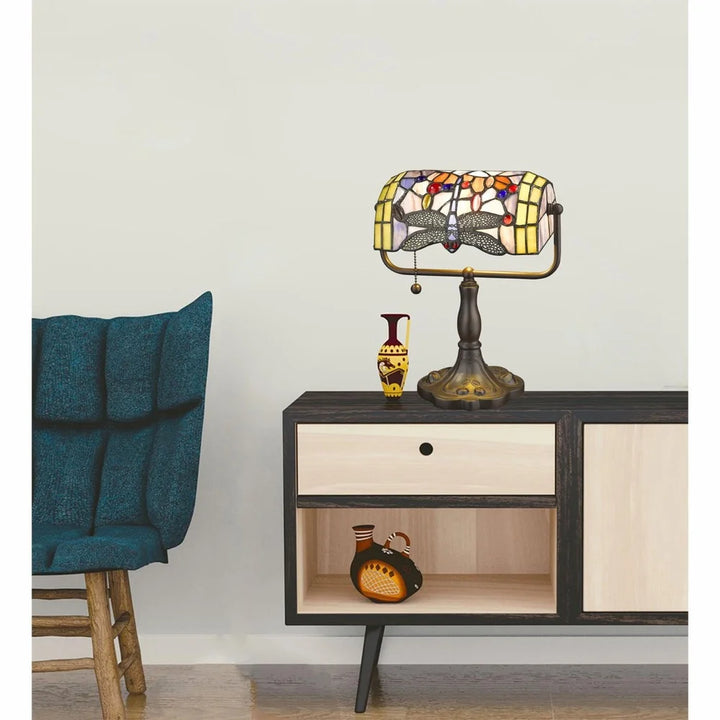 Bronze Banker Desk Lamp Stained Glass Dragonfly Shade Metal Base Adjustable Light Home Office Table Decoration