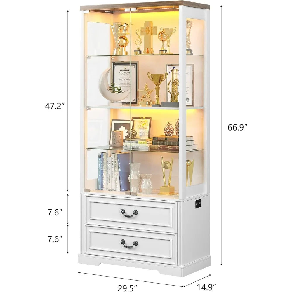 Display Cabinet with Glass Doors,67" Adjustable Display Shelf with 2 Drawers and 4 Tier Curio Cabinet,Tall Bookcase with 3 Color
