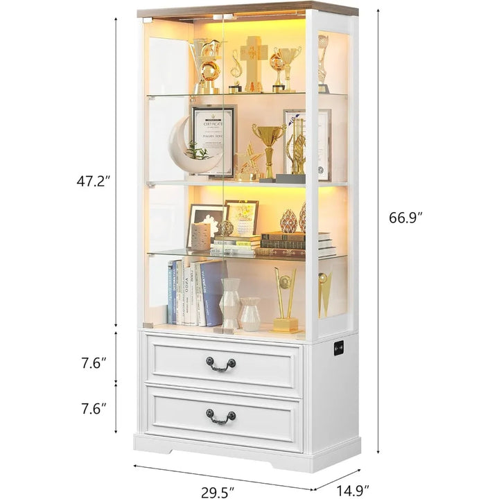 Display Cabinet with Glass Doors,67" Adjustable Display Shelf with 2 Drawers and 4 Tier Curio Cabinet,Tall Bookcase with 3 Color