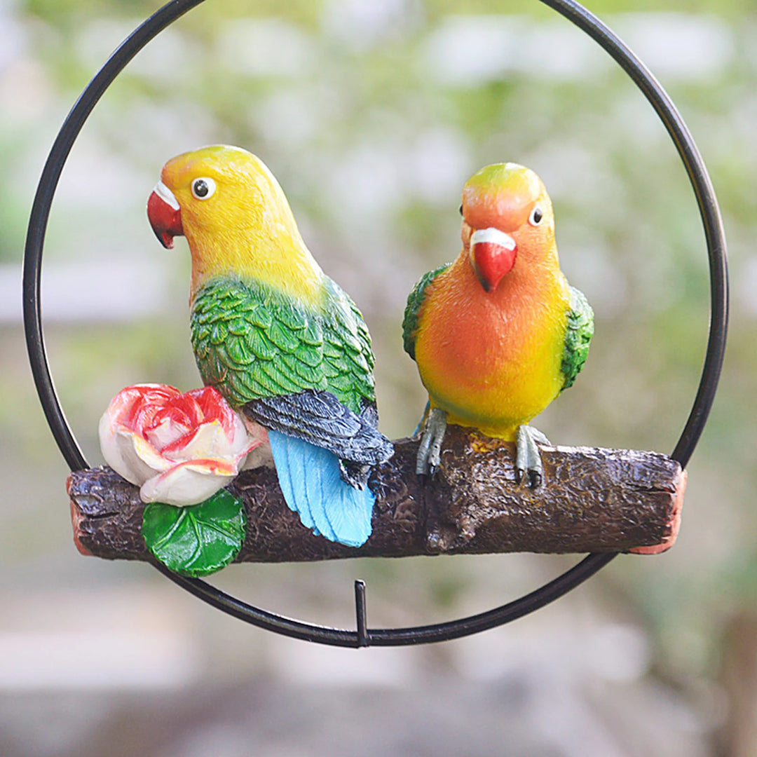Hanging Double Parrot Statue On Iron Ring Resin Animal Sculpture Birds Garden Art Tree DIY Decor Outdoor Patio Yard Lawn Animal