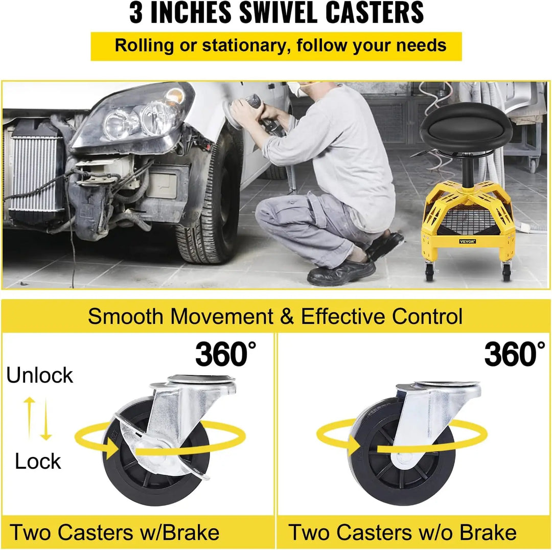 Rolling Garage Stool, 300LBS Capacity, Adjustable Height from 24 in to 28.7 in, Mechanic Seat with 360-degree Swivel Wheels