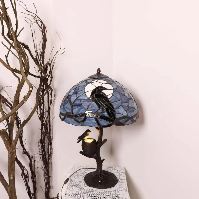 L10968 Raven Sitting on Bare Tree Branch in Full Moon Night Tiffany Style Stained Glass Table Lamp for Home Decor (Dark Bl