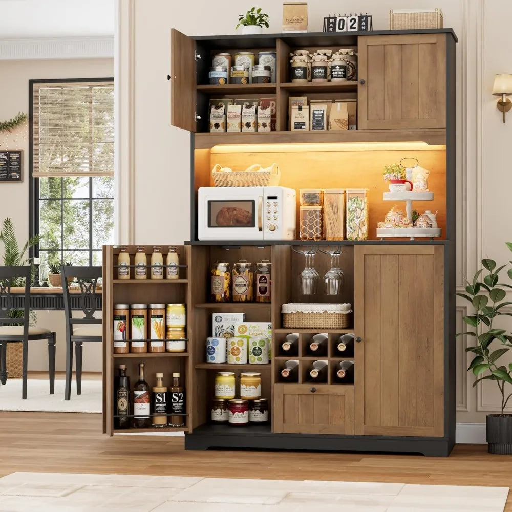 71" pantry cabinet with led light and charging station, kitchen pantry cabinet with microwave stand, kitchen hutch food storage