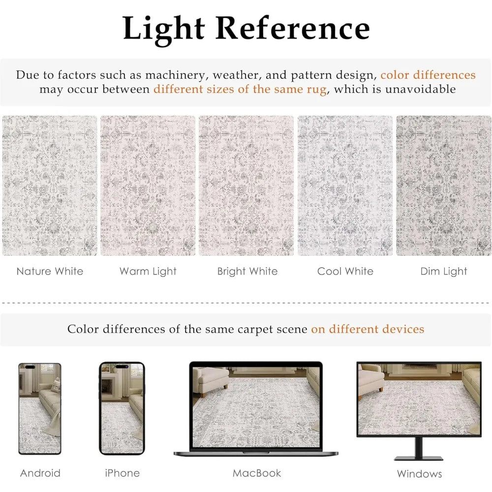 Vintage-Style 6x9 Area Rug, Machine Washable, Distressed Look, Non-Slip, Grey Floral Pattern for Living Room and Bedroom